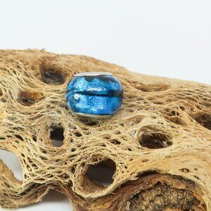 Blue Metallic European Glass Charm Bead with Silver Core Center